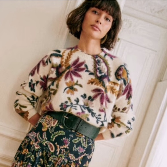 SEZANE NWTEcru Cream Purple Blue Green Floral Mohair Wool Sweater Seliane Jumper - Picture 4 of 7